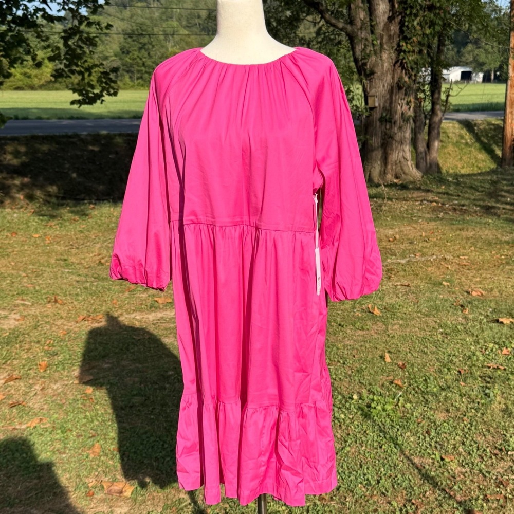 Chicos Bahamian Pink Balloon Sleeve Shirring Tiered Short Dress 2 L Babydoll